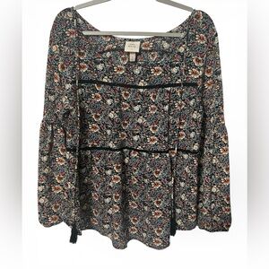 Knox Rose Women’s Multicolor Floral Blouse with Lace Details and Tassels Sz Lrg